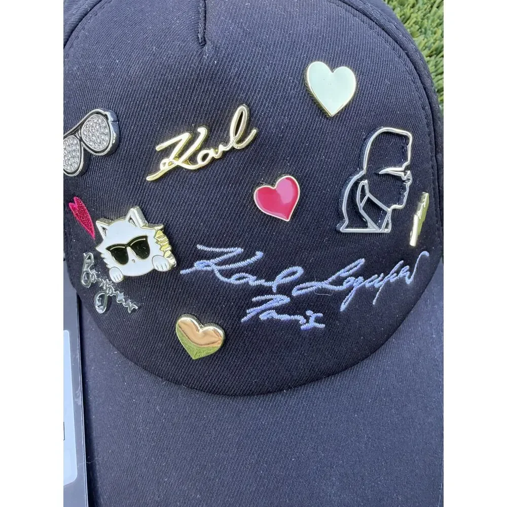 KARL LAGERFELD Silhouette‎ Hat Signature Logo, Pin, Embroidery Adjustable NEW!